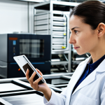 A highly professional female food safety expert in a pristine white lab coat over a modest, professional polo shirt and trousers. She is fully clothed, appropriate attire, professional dress. She stands confidently within an ultra-modern, sterile food processing facility with gleaming stainless steel equipment and automated machinery visible in the background. The lighting is bright and clean. She is meticulously inspecting a digital readout on a tablet device, displaying real-time data from an advanced sensor system. Her expression is focused and determined. Professional studio photography, sharp focus, high resolution, cinematic lighting, realistic details, perfect anatomy, correct proportions, natural pose, well-formed hands, proper finger count, natural body proportions, safe for work, appropriate content, fully clothed, professional.
