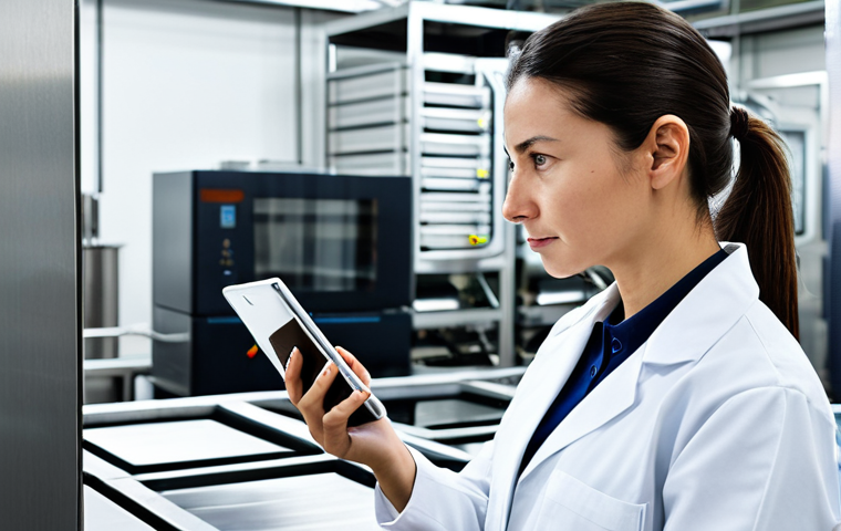 A highly professional female food safety expert in a pristine white lab coat over a modest, professional polo shirt and trousers. She is fully clothed, appropriate attire, professional dress. She stands confidently within an ultra-modern, sterile food processing facility with gleaming stainless steel equipment and automated machinery visible in the background. The lighting is bright and clean. She is meticulously inspecting a digital readout on a tablet device, displaying real-time data from an advanced sensor system. Her expression is focused and determined. Professional studio photography, sharp focus, high resolution, cinematic lighting, realistic details, perfect anatomy, correct proportions, natural pose, well-formed hands, proper finger count, natural body proportions, safe for work, appropriate content, fully clothed, professional.