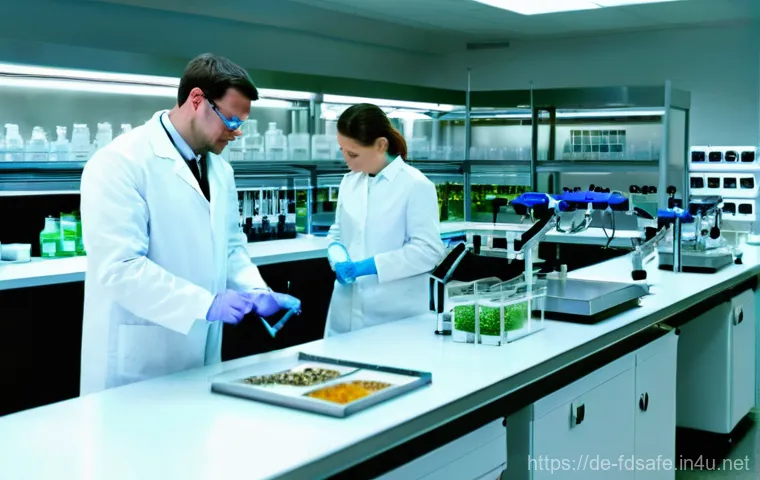 식품위생사와 관련된 학술 연구 - **Prompt:** A highly detailed, realistic photograph of a modern German food science laboratory. In t...