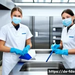 Home 21 식품위생사 실무에서 자주 쓰는 기술 - A modern commercial kitchen environment in Germany, showcasing staff performing thorough cleaning of...