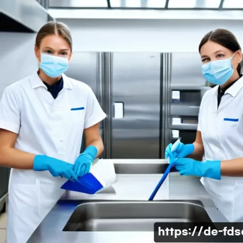 Home 33 식품위생사 실무에서 자주 쓰는 기술 - A modern commercial kitchen environment in Germany, showcasing staff performing thorough cleaning of...