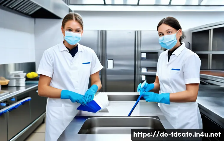 식품위생사 실무에서 자주 쓰는 기술 - A modern commercial kitchen environment in Germany, showcasing staff performing thorough cleaning of...
