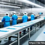 Home 19 식품위생사와 HACCP 인증 준비 - A modern German food production facility interior, showcasing workers in clean uniforms and hairnets...