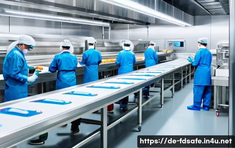 식품위생사와 HACCP 인증 준비 - A modern German food production facility interior, showcasing workers in clean uniforms and hairnets...