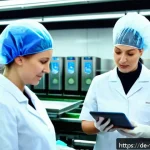 Home 23 식품위생사 자격증 취득 후 추가 교육 - A modern food production facility in Germany, showcasing a diverse team of workers wearing clean uni...