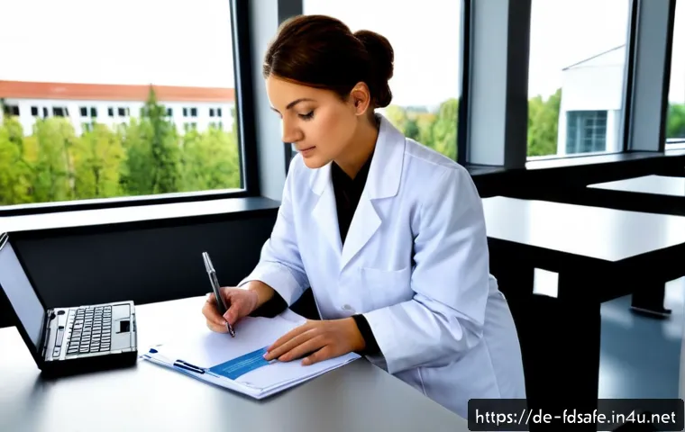 식품위생사 자격증으로 대학원 진학 가능성 - Photorealistic German food safety professional in a clean white lab coat reviewing blank application...