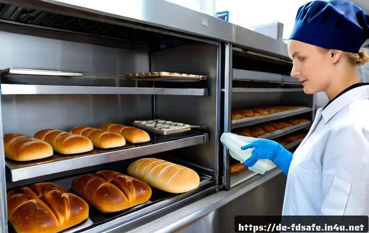 Home 17 식품위생사 관련 법규 해설 - Photorealistic German food safety inspector in a spotless commercial bakery kitchen, carefully check...